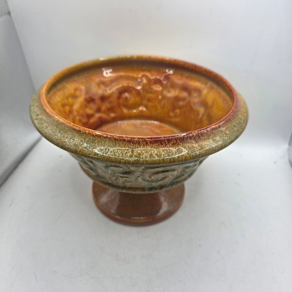 McCoy USA Pottery Pedestal Planter Bowl – Brown & Green Drip Glaze